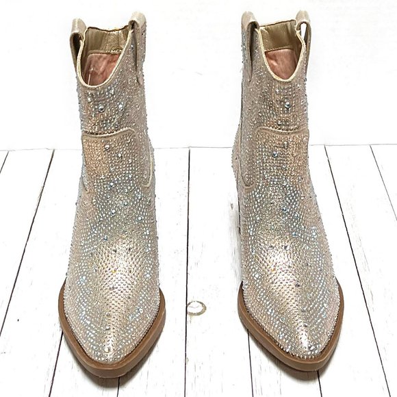 New Women Champagne Gold Blingy Rhinestone Cowboy Western Ankle Boots Booties - Picture 5 of 6